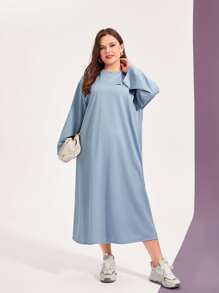 Mulvari Đầm Plus Size Nút phía trước Slogan Giải trí - Màu xanh nhạt - Xem 5