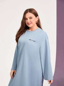 Mulvari Đầm Plus Size Nút phía trước Slogan Giải trí - Màu xanh nhạt - Xem 6