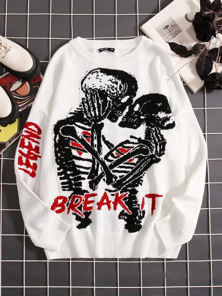 Plus Skeleton & Letter Pattern Drop Shoulder Sweater In Fall/Winter