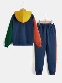 SHEIN 男孩撞色袋鼠口袋落肩袖連帽衫和運動褲 - 彩色 - 查看 3
