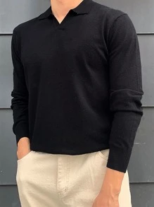 DAZY 男士素色翻領套頭毛衣 - 黑色 - 查看 1