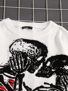 SHEIN EZwear Suéter de caída de hombros con patrón de esqueleto y letra en otoño/invierno de talla grande - Blanco - Ver 4