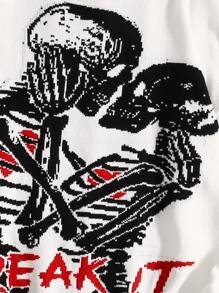 SHEIN EZwear Suéter de caída de hombros con patrón de esqueleto y letra en otoño/invierno de talla grande - Blanco - Ver 5