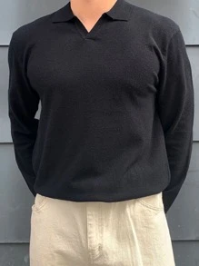 DAZY 男士素色翻領套頭毛衣 - 黑色 - 查看 3