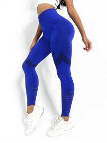 Xà cạp phòng tập thể dục sọc liền mạch Quần legging co giãn cao kiểm soát hoạt động với phần rỗng - Xanh đậm - Xem 2