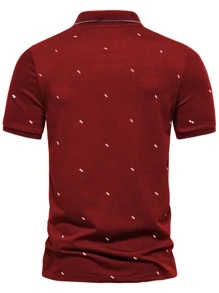 Manfinity Homme Áo thun có cổ Nam Nút Hình học Công việc - Màu Đỏ Sâu - Xem 2