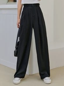 DAZY High Waist Plicated Detail Trousers - Black - View 1