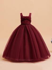 Tween Girls Solid Color 3D Floral Mesh Long Elegant Formal Dress, Suitable For Parties, Hosting Events, Without Headband - Burgundy - View 2