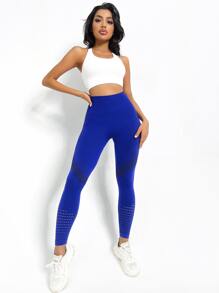 Xà cạp phòng tập thể dục sọc liền mạch Quần legging co giãn cao kiểm soát hoạt động với phần rỗng - Xanh đậm - Xem 5