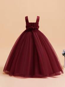Tween Girls Solid Color 3D Floral Mesh Long Elegant Formal Dress, Suitable For Parties, Hosting Events, Without Headband - Burgundy - View 3