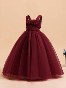 Tween Girls Solid Color 3D Floral Mesh Long Elegant Formal Dress, Suitable For Parties, Hosting Events, Without Headband - Burgundy - View 4