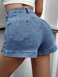 高腰下擺開叉牛仔短褲 - 中等水洗藍 - 查看 2