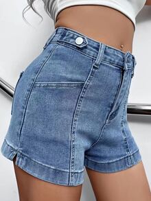 高腰下擺開叉牛仔短褲 - 中等水洗藍 - 查看 3