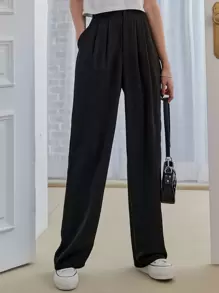 DAZY High Waist Plicated Detail Trousers - Black - View 6