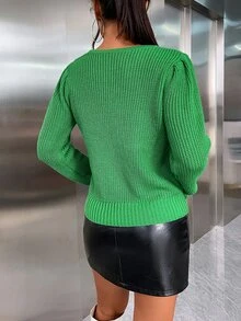 Chain Detail Notched Neck Jumper - Green - View 2
