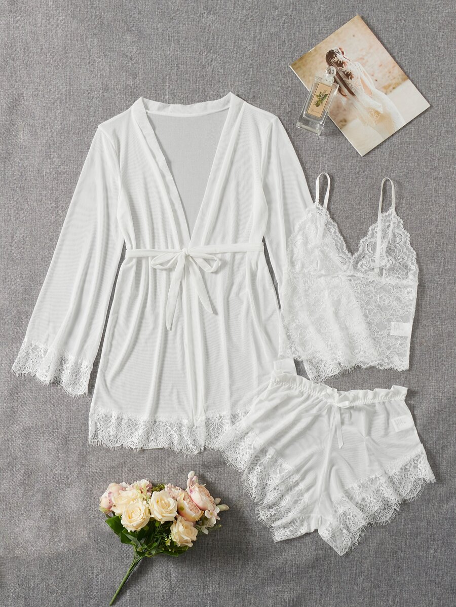 4pack Contrast Lace Mesh Lingerie Set With Robe & Belt Bridallingerie