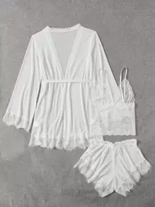 4pack Contrast Lace Mesh Lingerie Set With Robe & Belt Bridallingerie