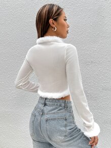 SHEIN ICON Fuzzy Trim Knot Front Crop Top - White - View 2