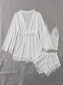 4pack Contrast Lace Mesh Lingerie Set With Robe & Belt Bridallingerie