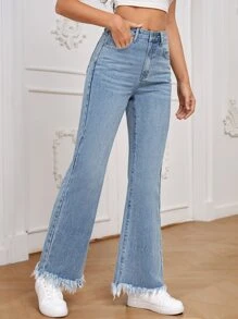 SHEIN Frenchy 高腰毛邊牛仔喇叭褲 - 淺色水洗藍 - 查看 4