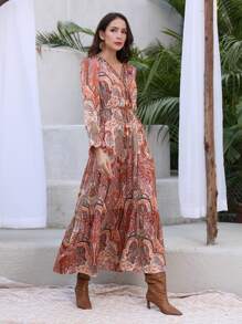 Paisley Print Tassel Belted Ruffle Hem Flounce Sleeve Dress - Multicolor - View 1