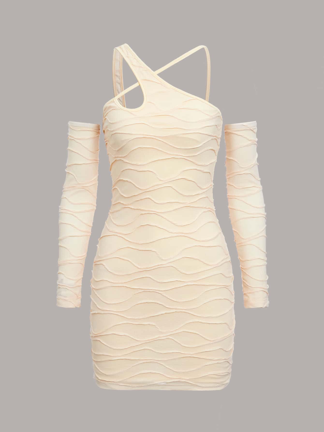 SHEIN ICON Asymmetrical Neck Textured Bodycon Dress With Gloves - Apricot - View 1