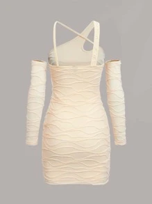 SHEIN ICON Asymmetrical Neck Textured Bodycon Dress With Gloves - Apricot - View 2