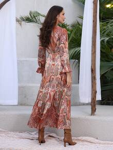 Paisley Print Tassel Belted Ruffle Hem Flounce Sleeve Dress - Multicolor - View 2