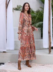 Paisley Print Tassel Belted Ruffle Hem Flounce Sleeve Dress - Multicolor - View 4