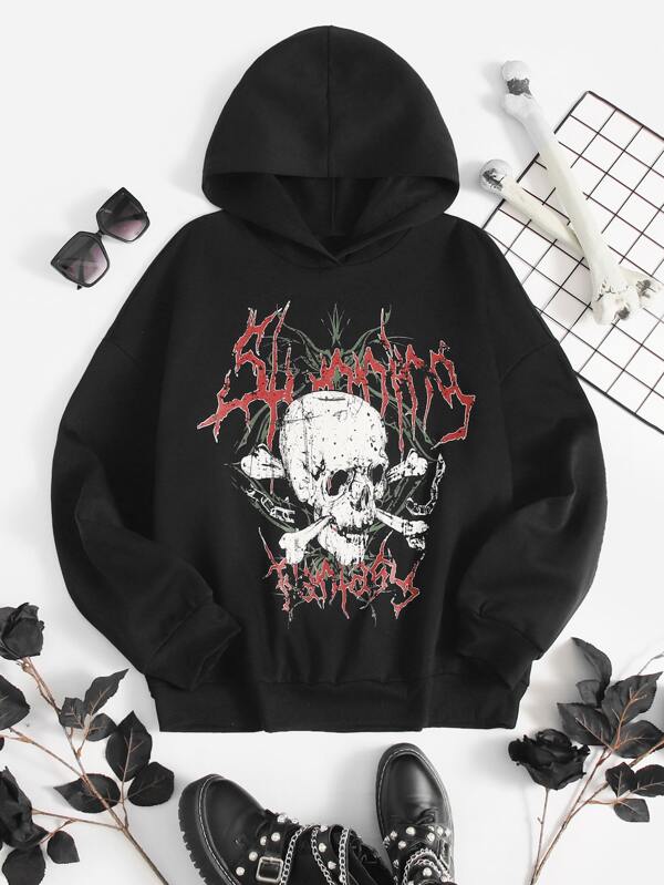 SHEIN Coolane Skull Print Drop Shoulder Hoodie SHEIN USA