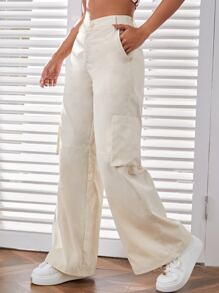 SHEIN EZwear 高腰補丁貼口袋闊腿褲 - 米色 - 查看 1