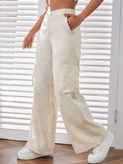 Hose mit weiten Beinen, hoher Taille, Flicken, Tasche