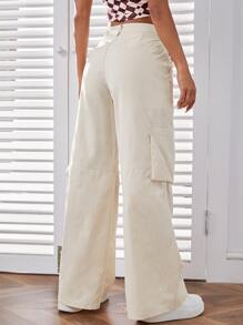 SHEIN EZwear 高腰補丁貼口袋闊腿褲 - 米色 - 查看 2