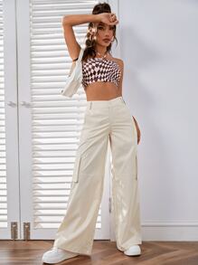 SHEIN EZwear 高腰補丁貼口袋闊腿褲 - 米色 - 查看 5