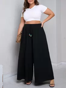 SHEIN LUNE 大碼前繫帶闊腿褲 - 黑色 - 查看 1