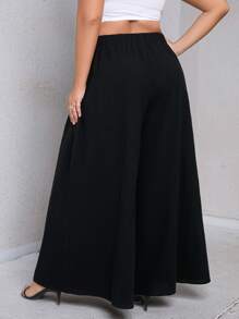 SHEIN LUNE 大碼前繫帶闊腿褲 - 黑色 - 查看 2