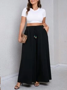 SHEIN LUNE 大碼前繫帶闊腿褲 - 黑色 - 查看 3