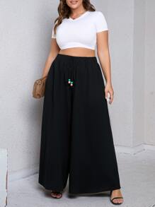 SHEIN LUNE 大碼前繫帶闊腿褲 - 黑色 - 查看 4