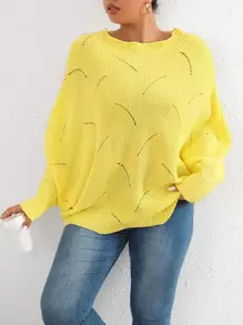 SHEIN LUNE Plus Eyelet Detail Batwing Sleeve Jumper - Yellow - View 1