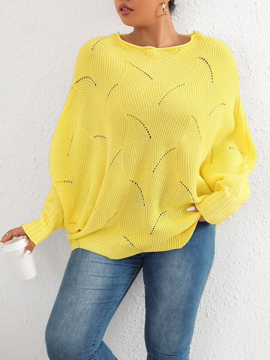 SHEIN LUNE Plus Eyelet Detail Batwing Sleeve Jumper - Yellow - View 1