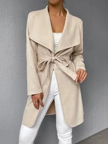 Muchica Waterfall Collar Open Front Belted Coat - Apricot - View 5