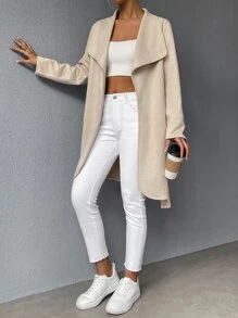 Muchica Waterfall Collar Open Front Belted Coat - Apricot - View 6