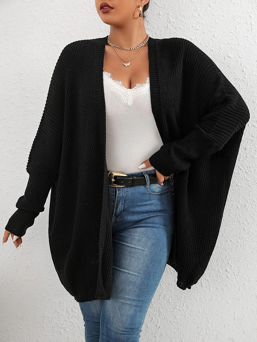 Flirla Plus Batwing Sleeve Duster Cardigan - Black - View 1