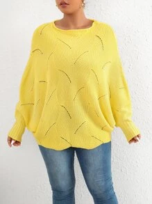 SHEIN LUNE Plus Eyelet Detail Batwing Sleeve Jumper - Yellow - View 4