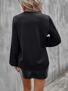 SHEIN Clasi Contrast Sequin Lantern Sleeve Blouse - Black - View 2