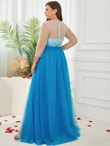 Plus Contrast Sequins Split Thigh Mesh Dress - Blue - View 2