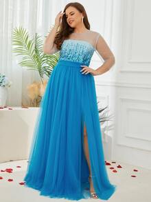 Plus Contrast Sequins Split Thigh Mesh Dress - Blue - View 3