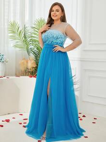 Plus Contrast Sequins Split Thigh Mesh Dress - Blue - View 4