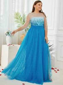 Plus Contrast Sequins Split Thigh Mesh Dress - Blue - View 5