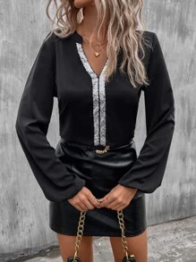 SHEIN Clasi Contrast Sequin Lantern Sleeve Blouse - Black - View 6